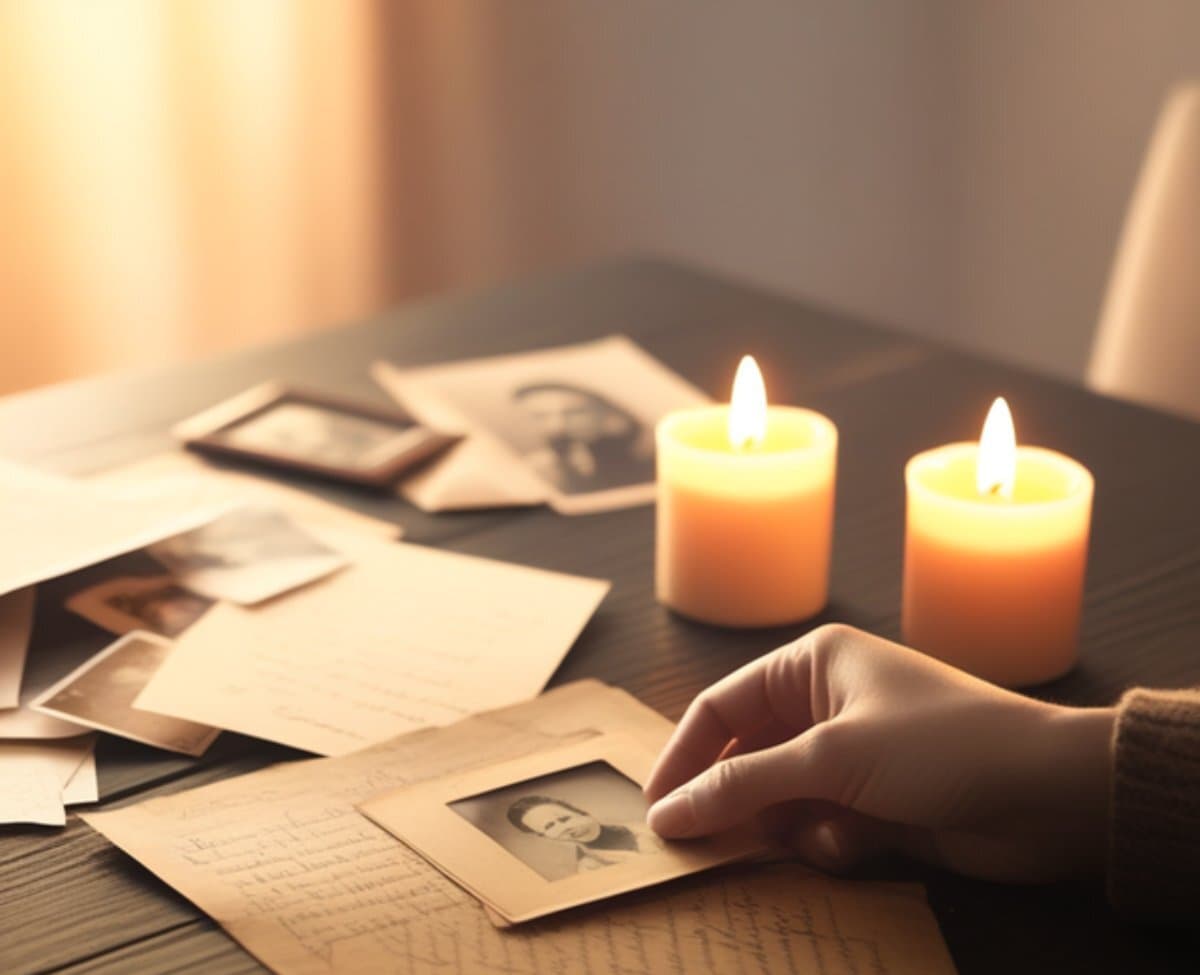 Old family photographs and handwritten letters by candlelight